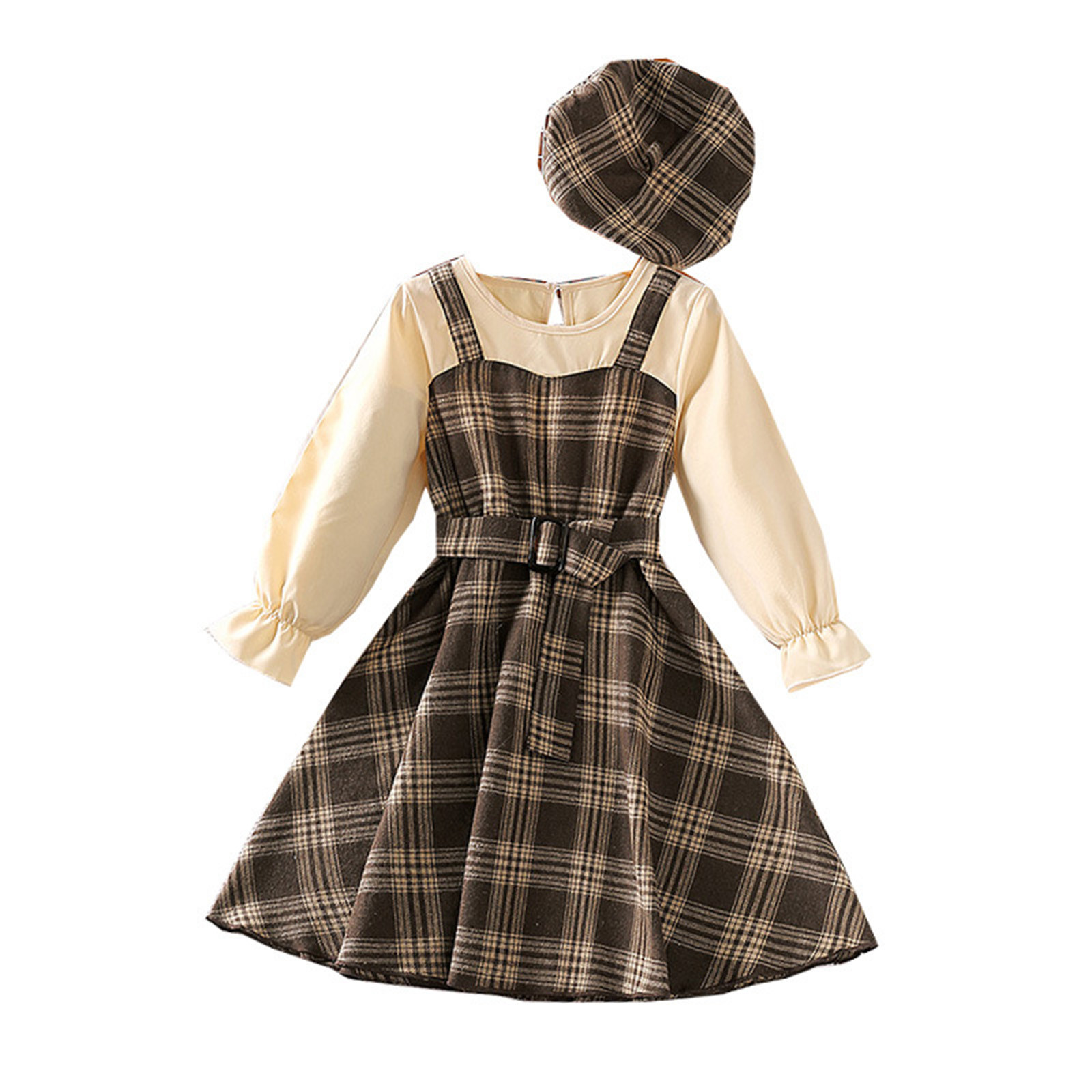 Lovskoo 4-8 Years Girls British Style Dress Suit Two Piece Set 2024 Spring Fall Midi A-Lined Dress Long Sleeve Spliced Plaid Princess Dress With Hat Brown